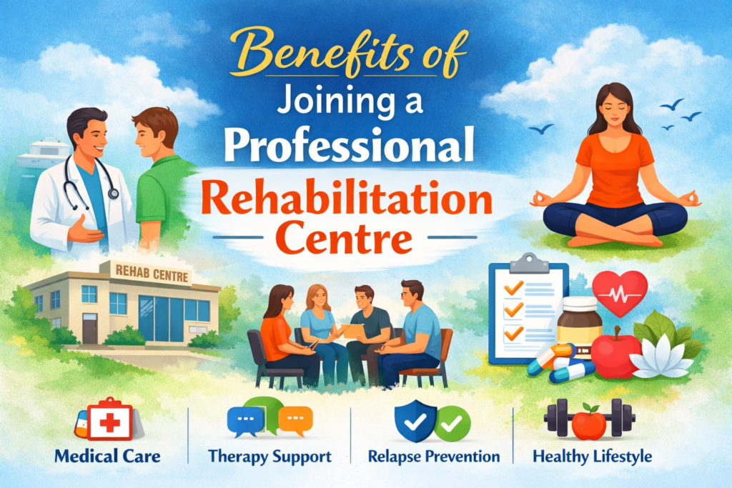 Benefits of joining a professional rehabilitation centre with therapy, recovery programs, and mental wellness support illustration.
