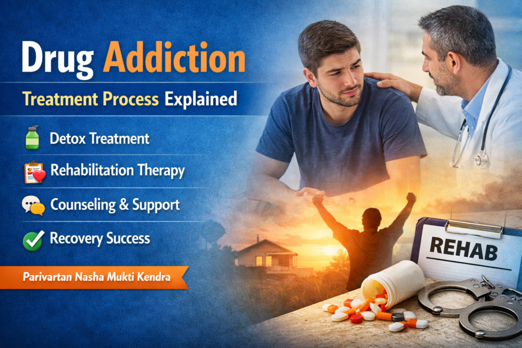 Drug addiction treatment process with detox, rehabilitation therapy, counseling, and recovery support at Parivartan Nasha Mukti Kendra.
