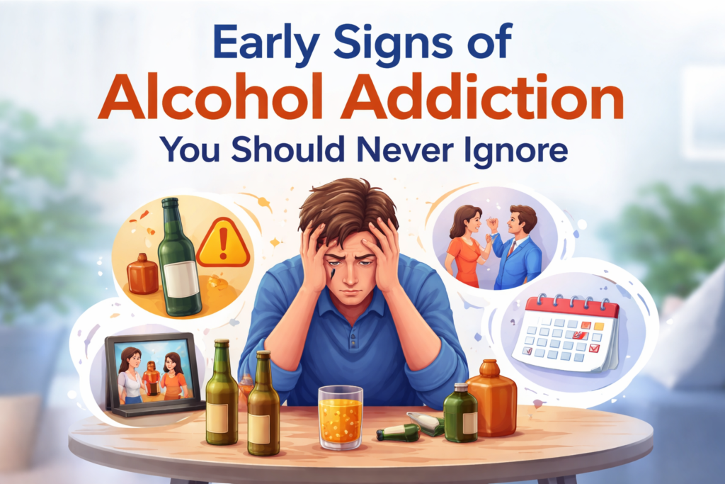 Early signs of alcohol addiction illustration showing stress, alcohol abuse symptoms, and mental health struggles