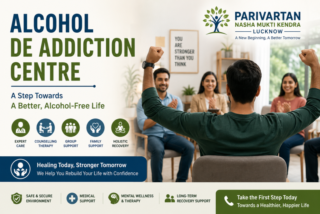 Alcohol de addiction centre providing counselling, group therapy, family support, and holistic rehabilitation services for alcohol addiction recovery in India by Parivartan Nasha Mukti Kendra Lucknow. 