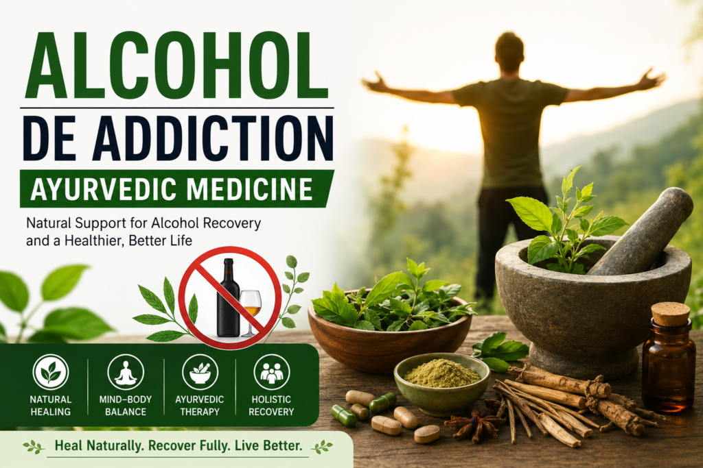 Alcohol de addiction Ayurvedic medicine concept showing herbal remedies, natural healing ingredients, wellness therapy, and holistic support for alcohol addiction recovery in India