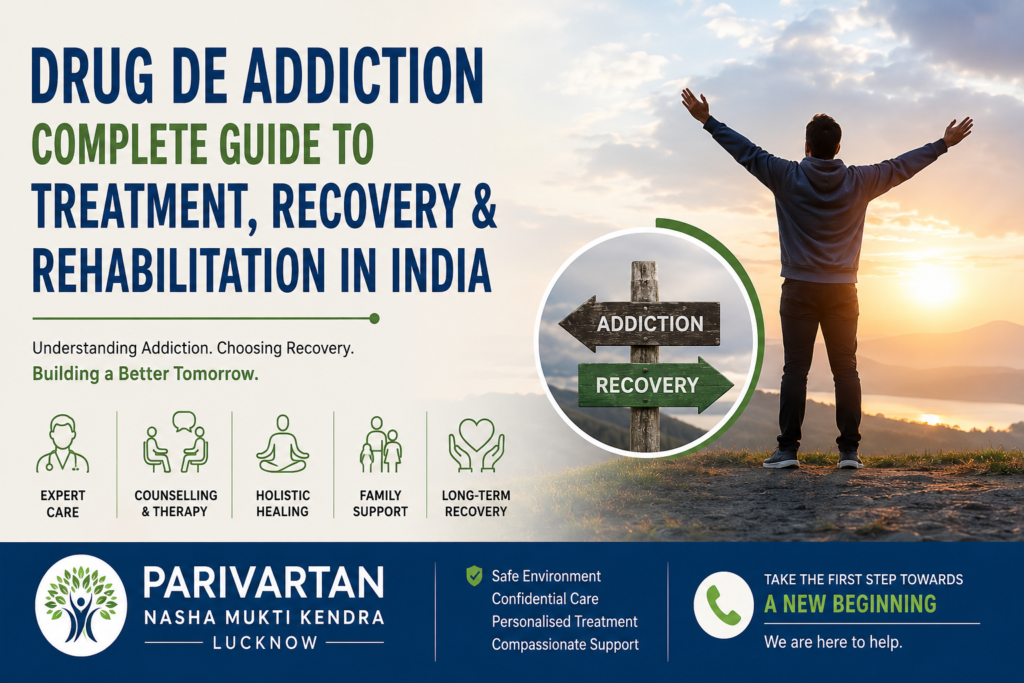Drug de addiction treatment and rehabilitation guide in India featuring recovery journey, counselling, family support, and Parivartan Nasha Mukti Kendra Lucknow 